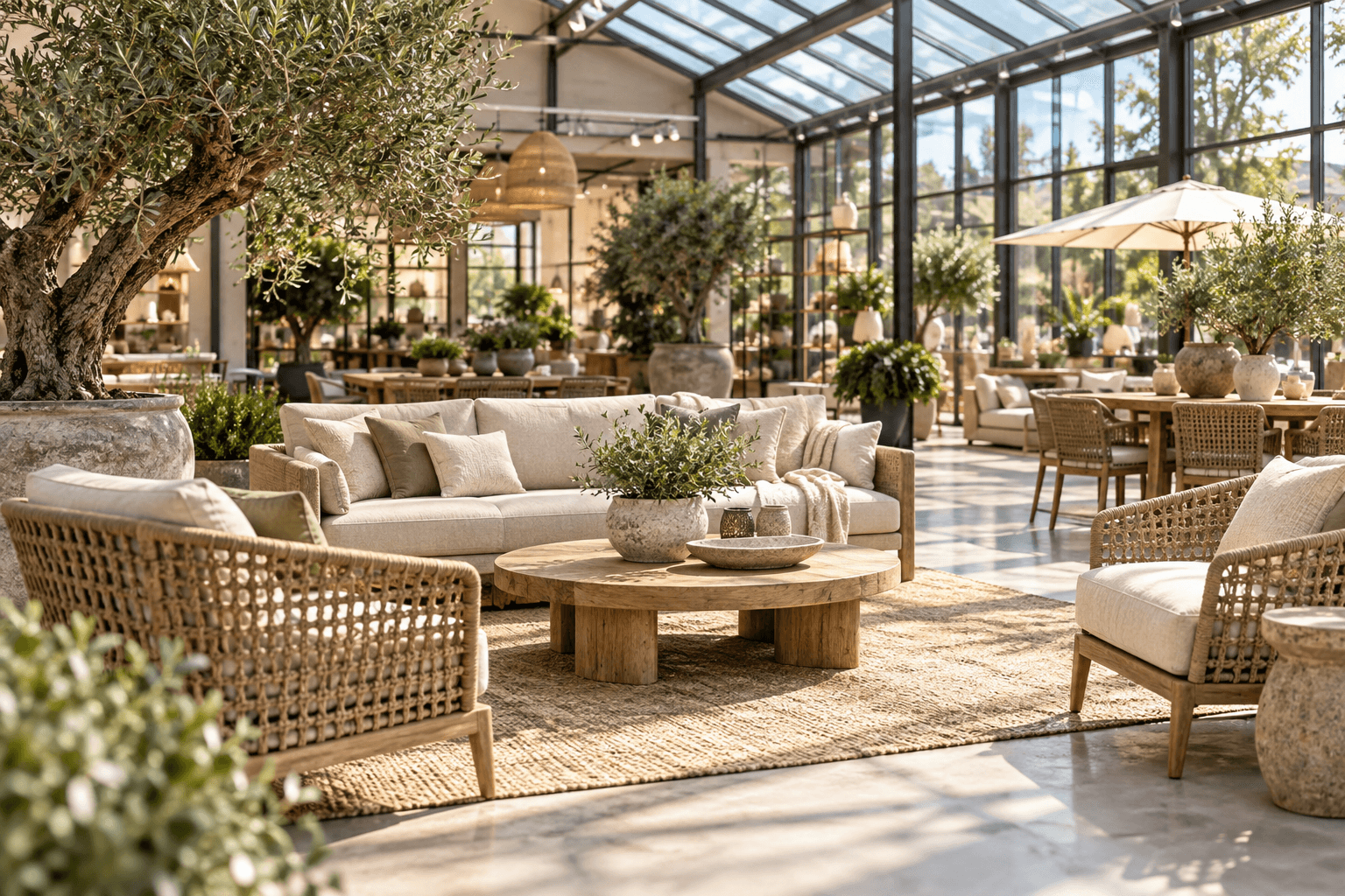 Tuinmeubelshowroom met een zorgvuldig gepresenteerde loungeset