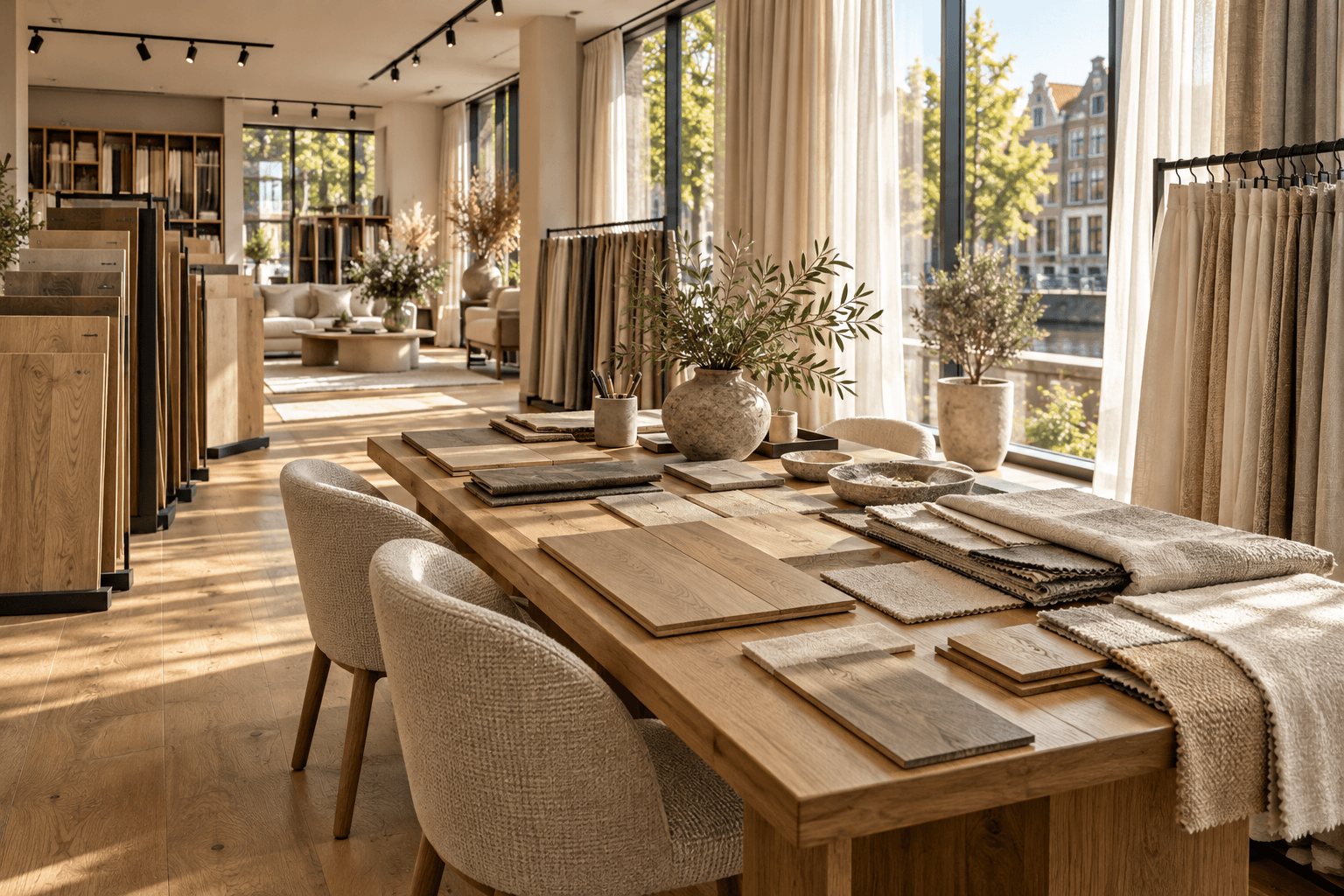 Interieurwinkel met vloerstalen, raamdecoratie en natuurlijke materialen